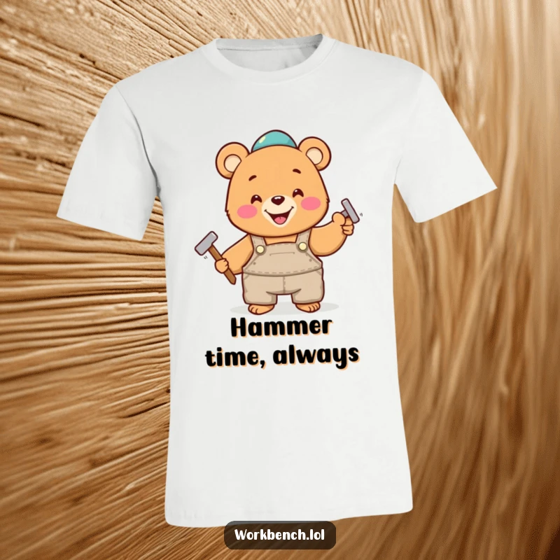 Funny t-shirt with a happy bear wearing overalls, joyfully hammering a nail, celebrating DIY projects and outdoor fun.