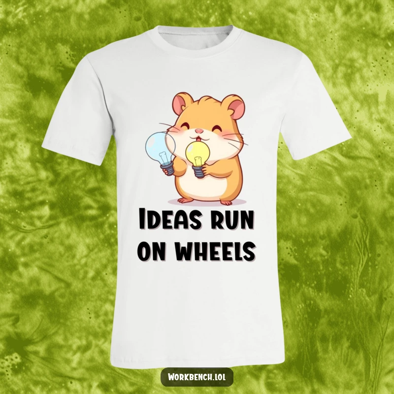 Funny hamster holding a glowing lightbulb, symbolizing genius and new ideas, on a comfortable t-shirt.