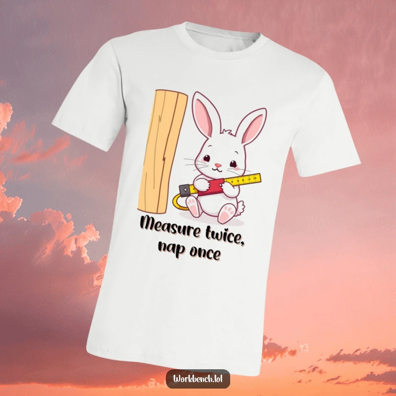 Funny rabbit carpenter t-shirt, intently measuring a wooden plank with a tape measure, embodying DIY passion and humor.