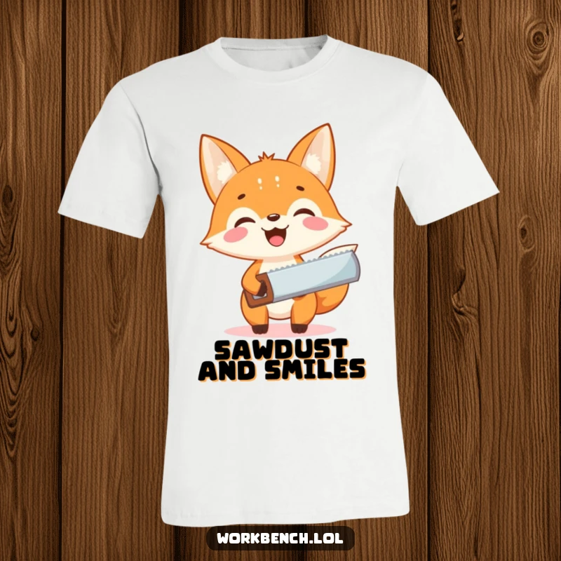 Funny fox carpenter t-shirt, excited smiling fox holding a small saw, ready for DIY fun and construction.