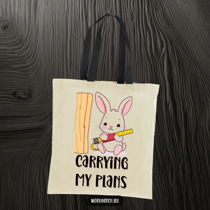 Funny rabbit carpenter tote bag, rabbit with measuring tape and wood, perfect for carrying DIY supplies with humor.