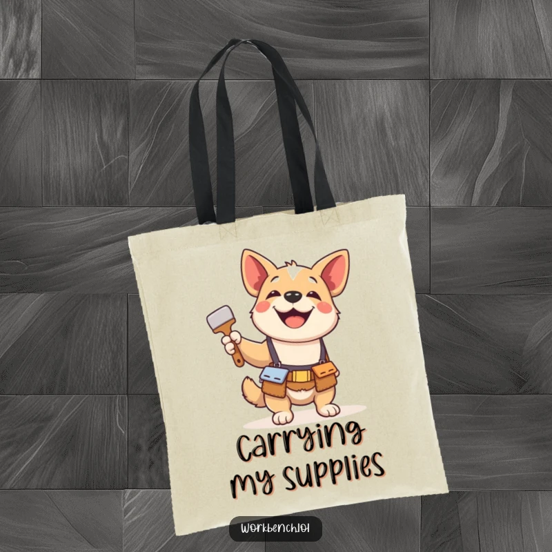 Funny tote bag with a playful dog in a tool belt, gleefully holding a paintbrush, symbolizing creativity, DIY, and carrying capacity.