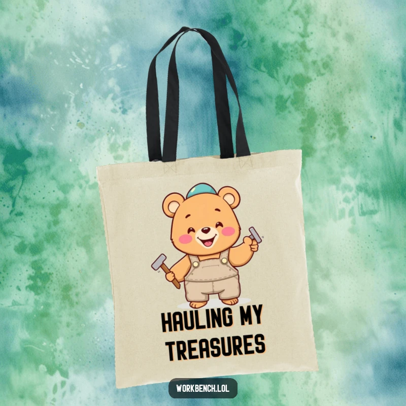 Funny tote bag with a happy bear in overalls, cheerfully hammering a nail, symbolizing strength, DIY spirit, and carrying capacity.