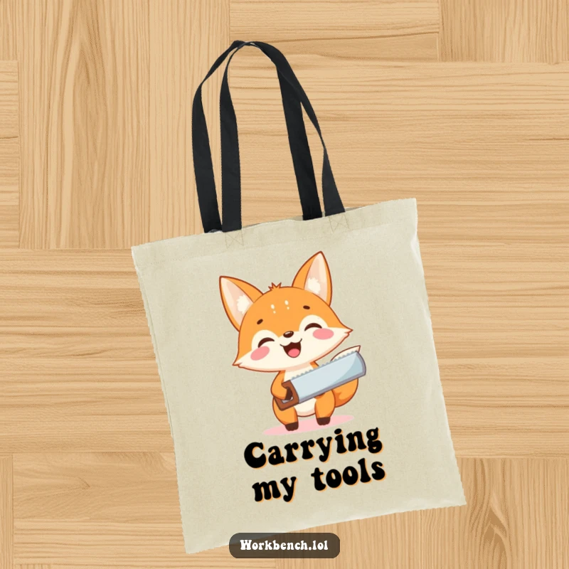 Funny fox carpenter tote bag, smiling fox with a small saw, great for carrying DIY supplies with excitement.
