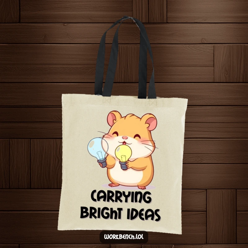 Funny hamster holding a lightbulb on a tote bag, ideal for carrying books and daily necessities.